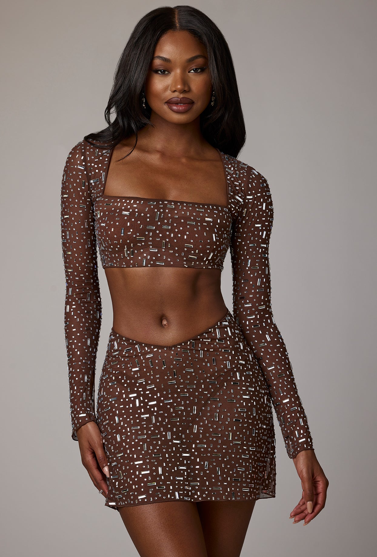 Sheer Embellished Long Sleeve Crop Top in Deep Cocoa - Image 9