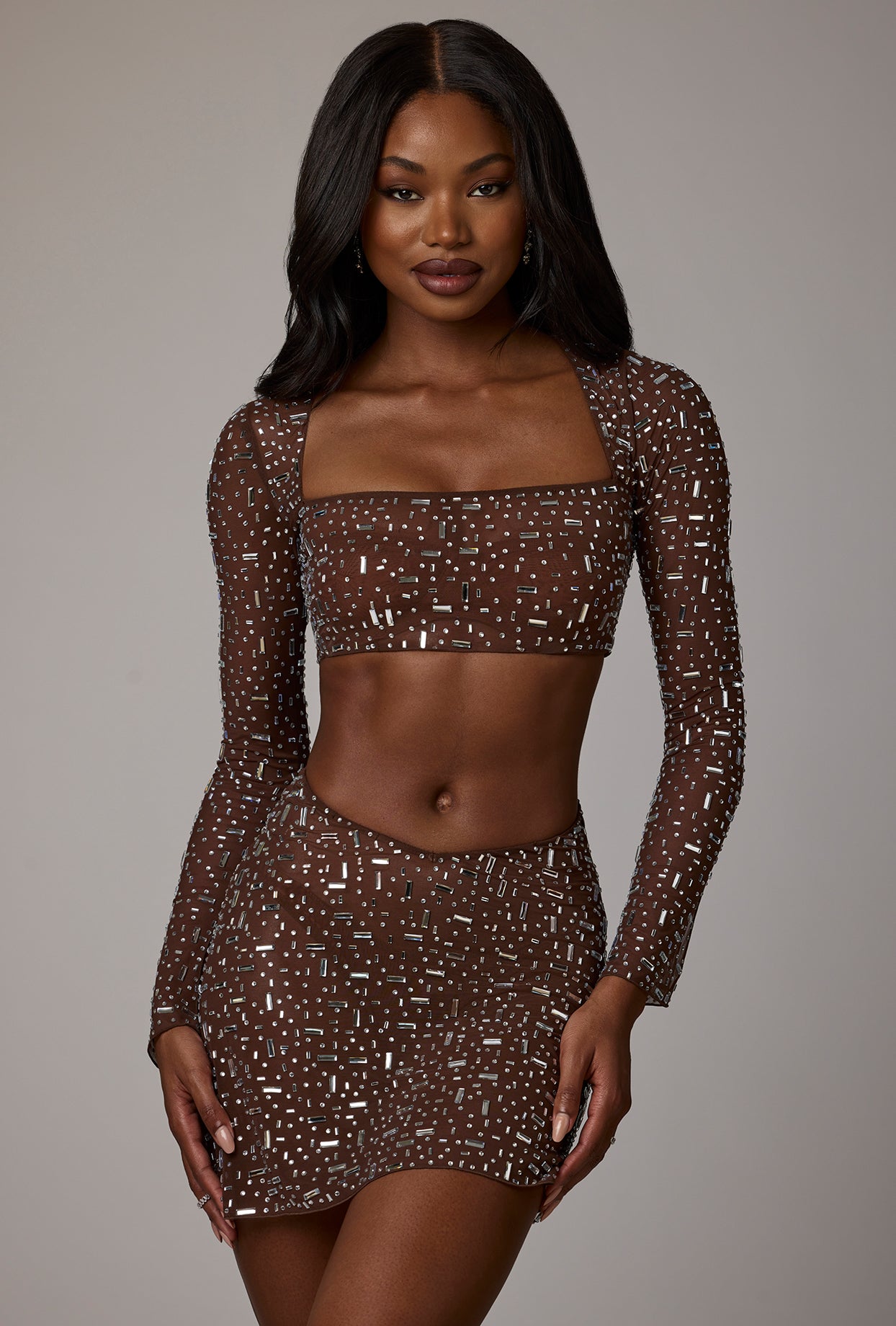 Sheer Embellished Long Sleeve Crop Top in Deep Cocoa - Image 10