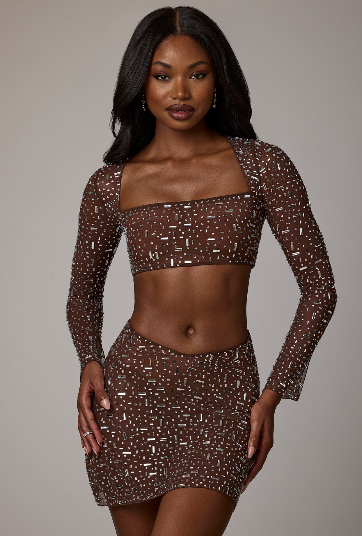 Sheer Embellished Long Sleeve Crop Top in Deep Cocoa - Image 11