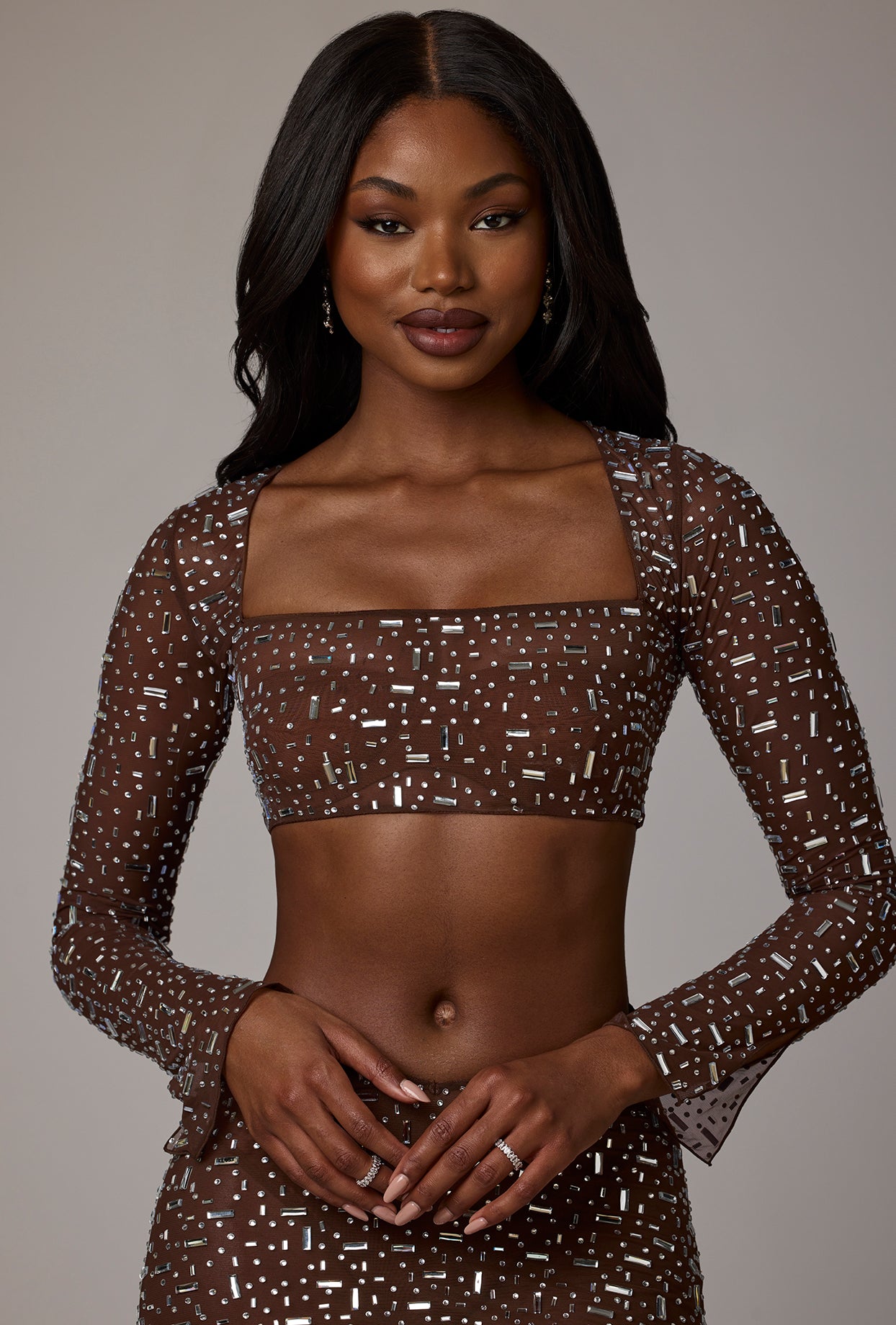Sheer Embellished Long Sleeve Crop Top in Deep Cocoa - Image 13