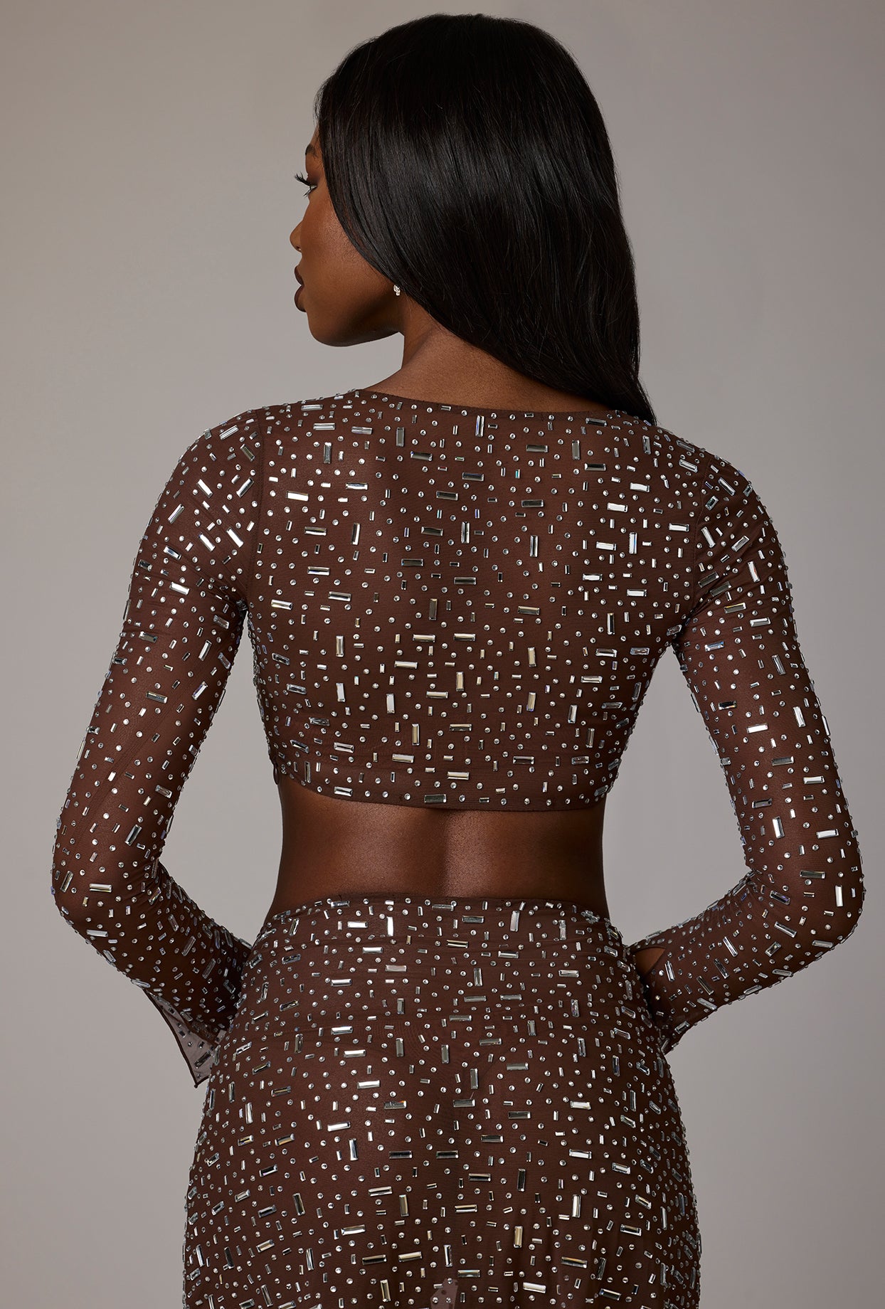 Sheer Embellished Long Sleeve Crop Top in Deep Cocoa - Image 8