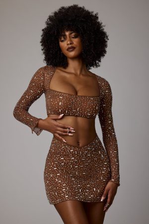 Sheer Embellished Long Sleeve Crop Top in Mocha
