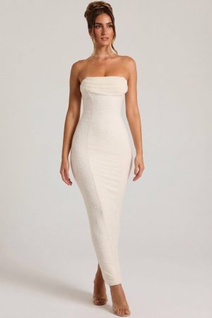 Embellished Bandeau Cowl Neck Maxi Dress in White