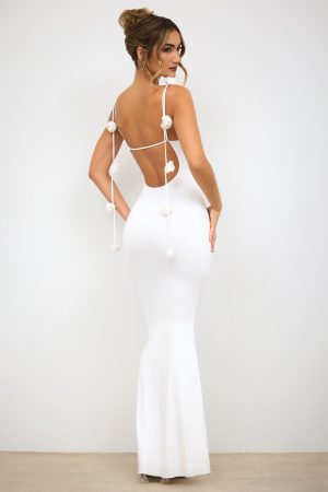 Slinky Jersey Rose Detail Evening Gown in White