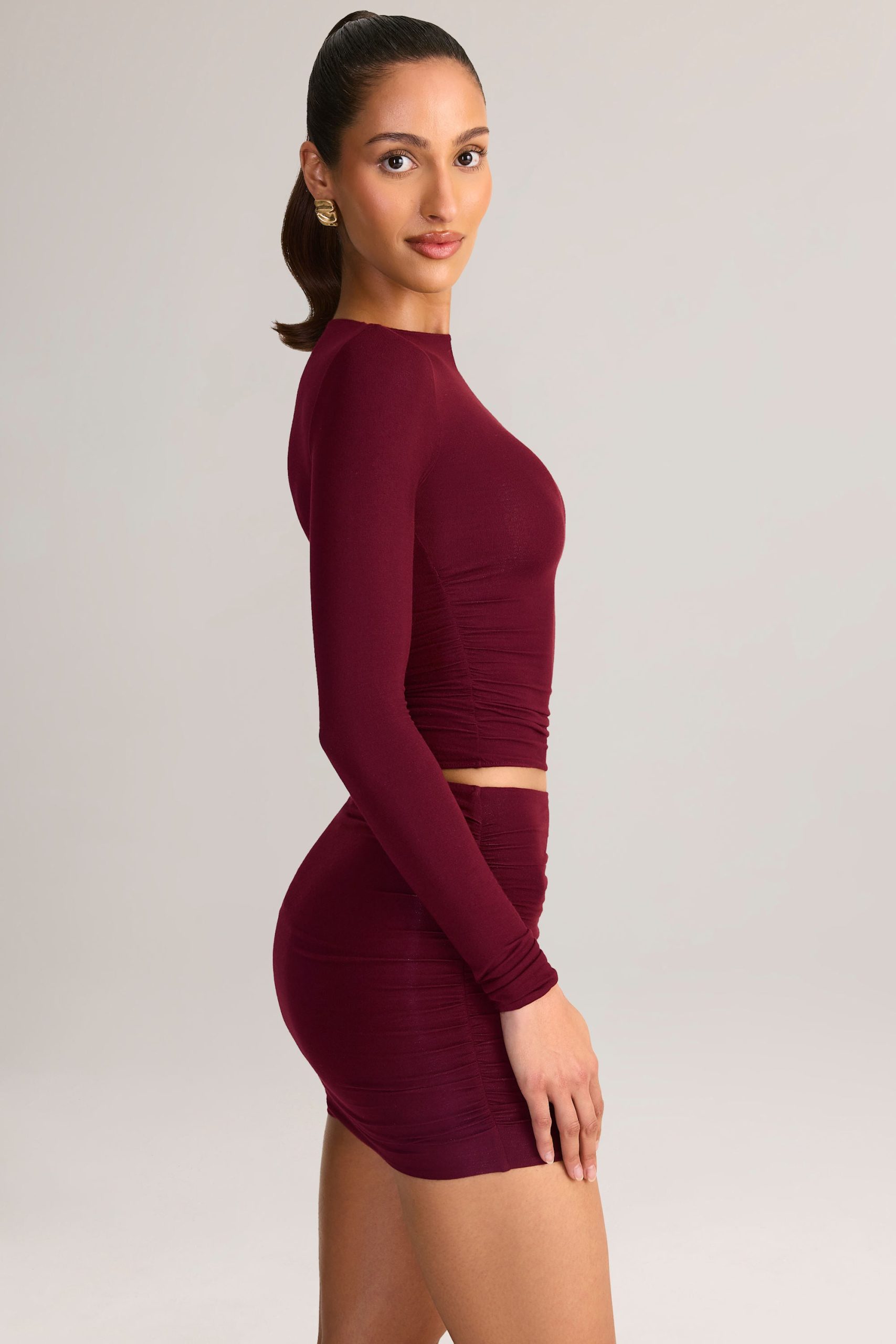 Modal Ruched Mid-Rise Mini Skirt in Wine Red - Image 3