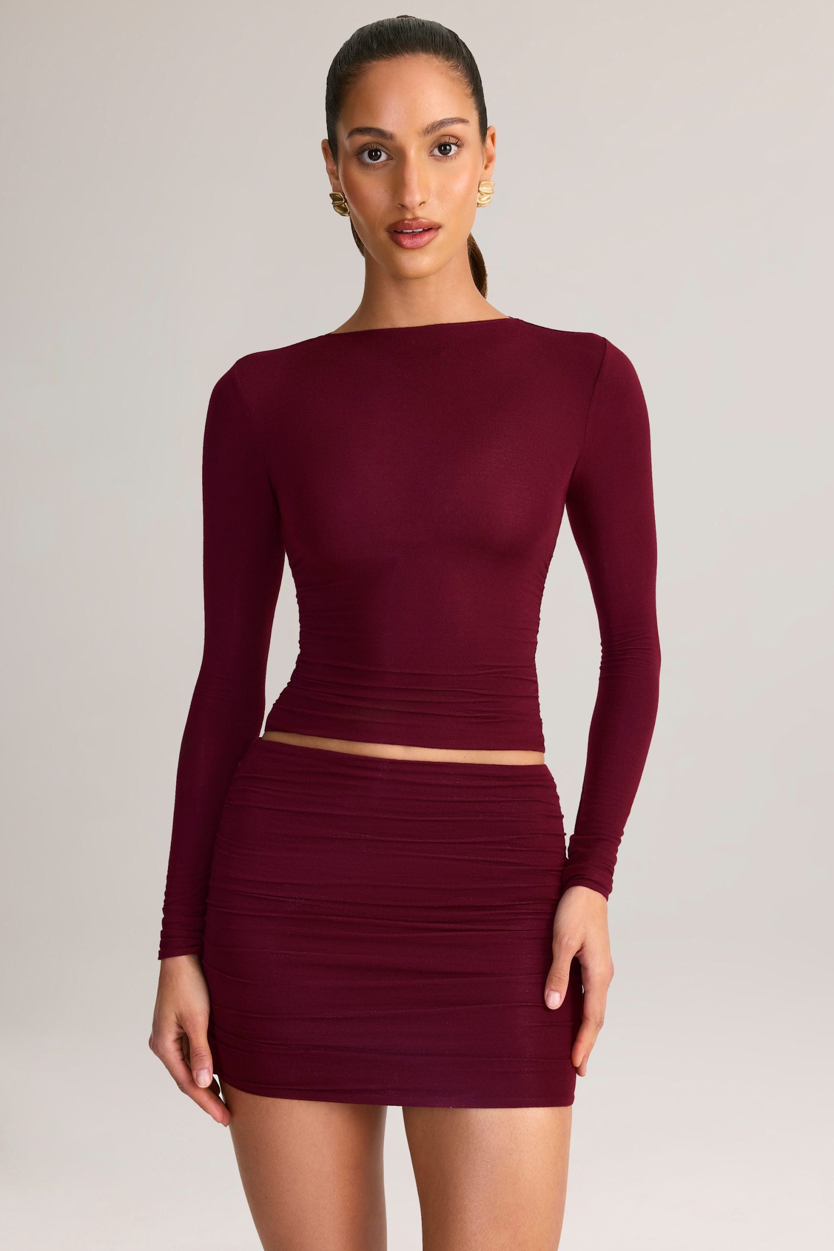 Modal Ruched Mid-Rise Mini Skirt in Wine Red - Image 5