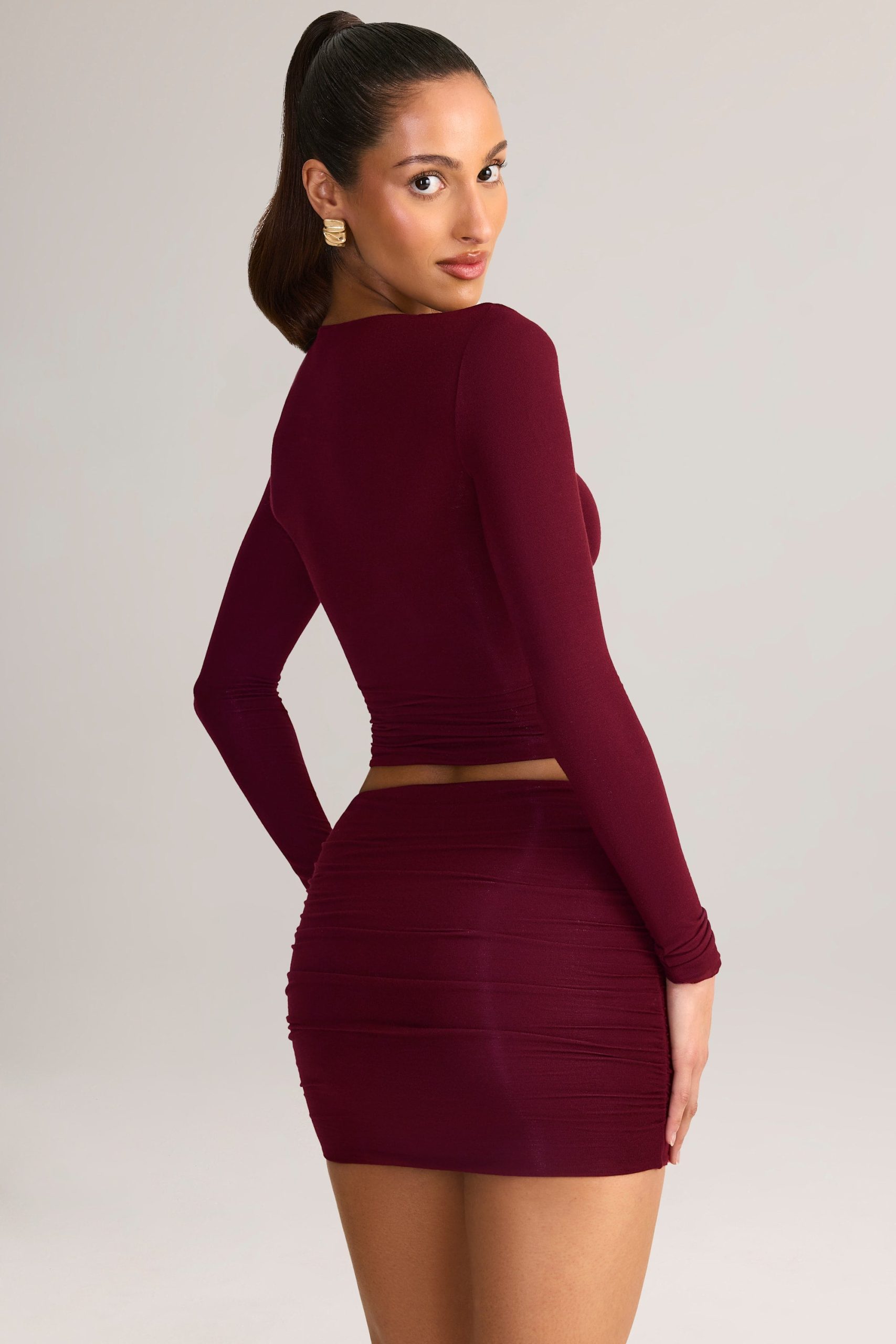 Modal Ruched Mid-Rise Mini Skirt in Wine Red - Image 8