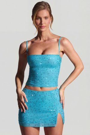 Embellished Mid-Rise Micro Mini Skirt in Aqua Blue