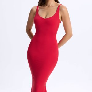 Modal Plunge Open-Back Midaxi Dress in Cherry Red