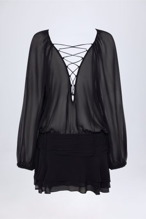 Lace-Up Balloon-Sleeve Mini Dress in Black