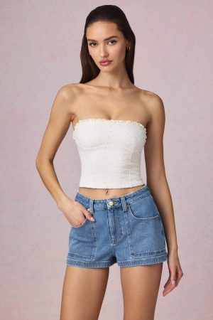 High-Waist A-Line Shorts in Mid-Blue Wash