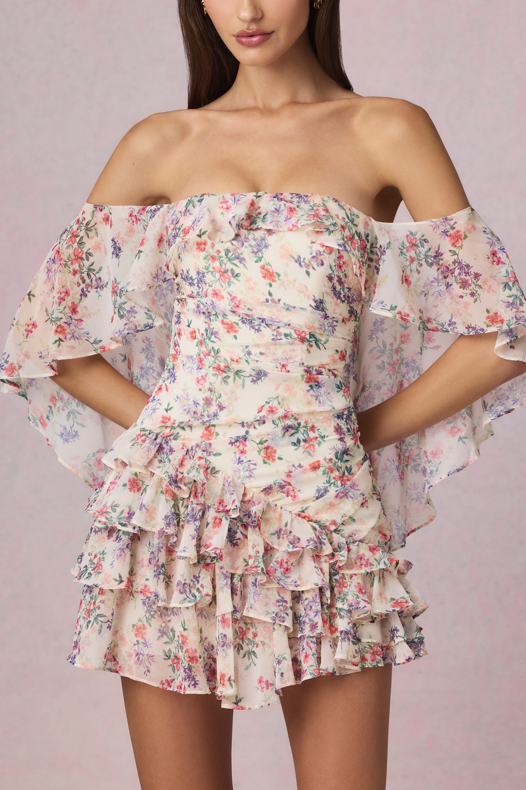 Off-Shoulder Ruffled Mini Dress in Primrose Floral Print - Image 4