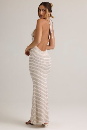Modal Halterneck Maxi Dress in Pink Yellow Stripe