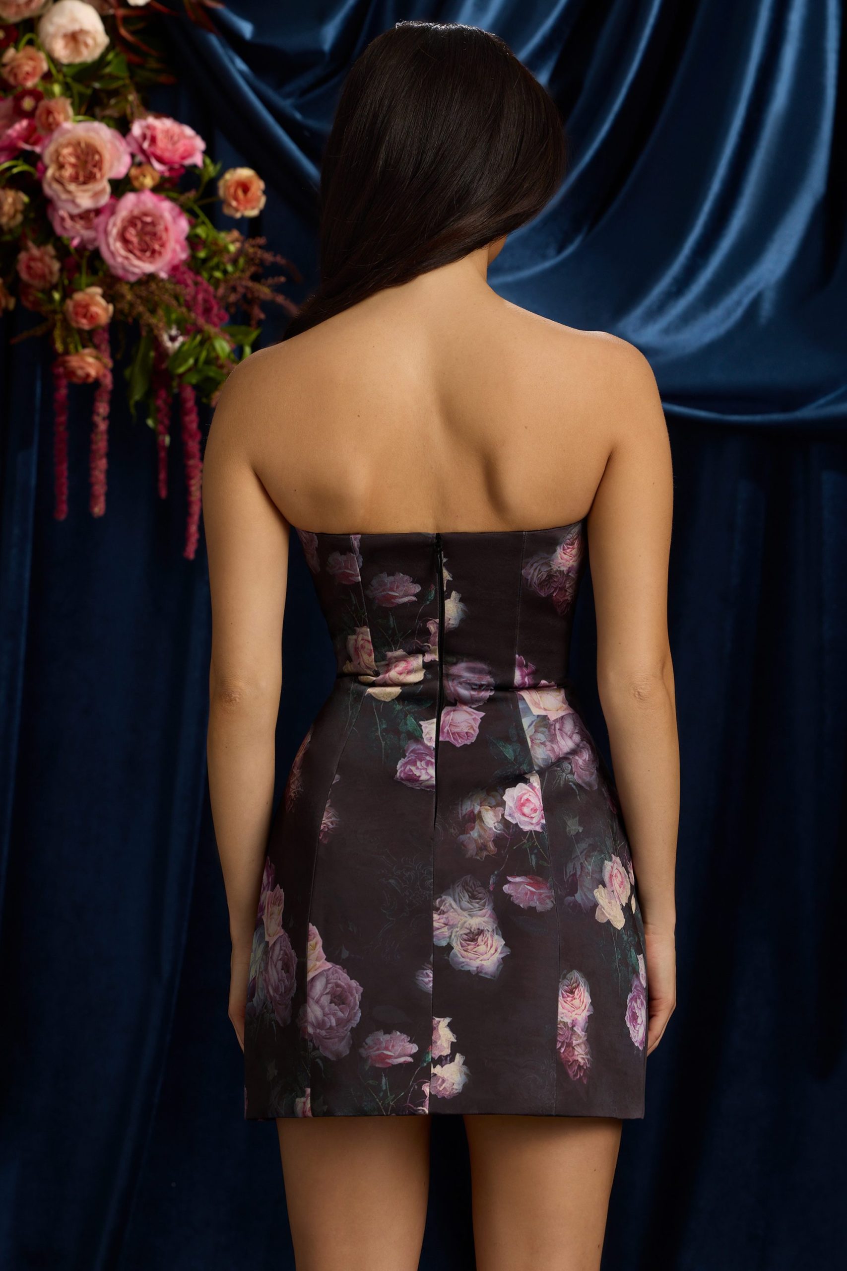 Strapless Structured Tulip Mini Dress in Black Floral Print - Image 3