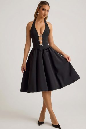 Halterneck Bow-Detail Midi Dress in Black