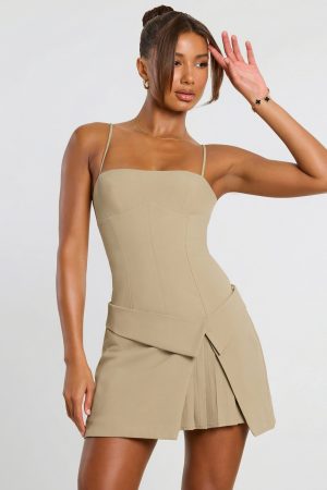 Woven Twill Wrap Over Pleated Mini Dress in Taupe