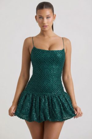 Embellished Bubble Hem Mini Dress in Teal Green