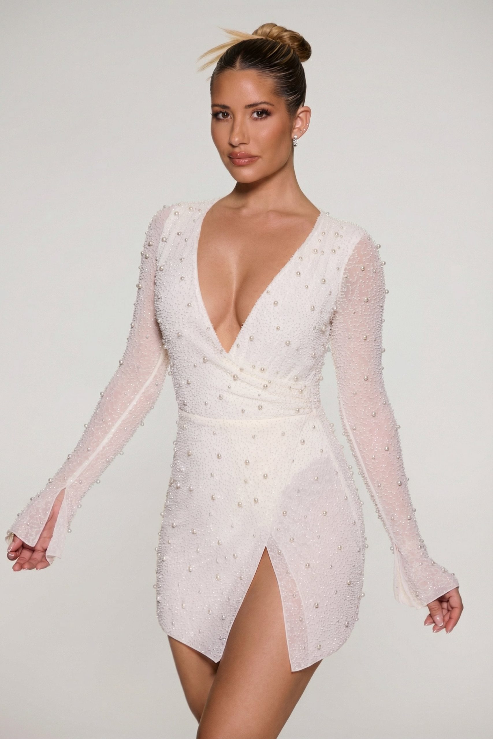 Embellished Wrap Over A-Line Mini Dress in Ivory - Image 5