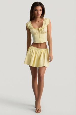 Ruched Cotton-Poplin Mini Skirt in Lemon Yellow