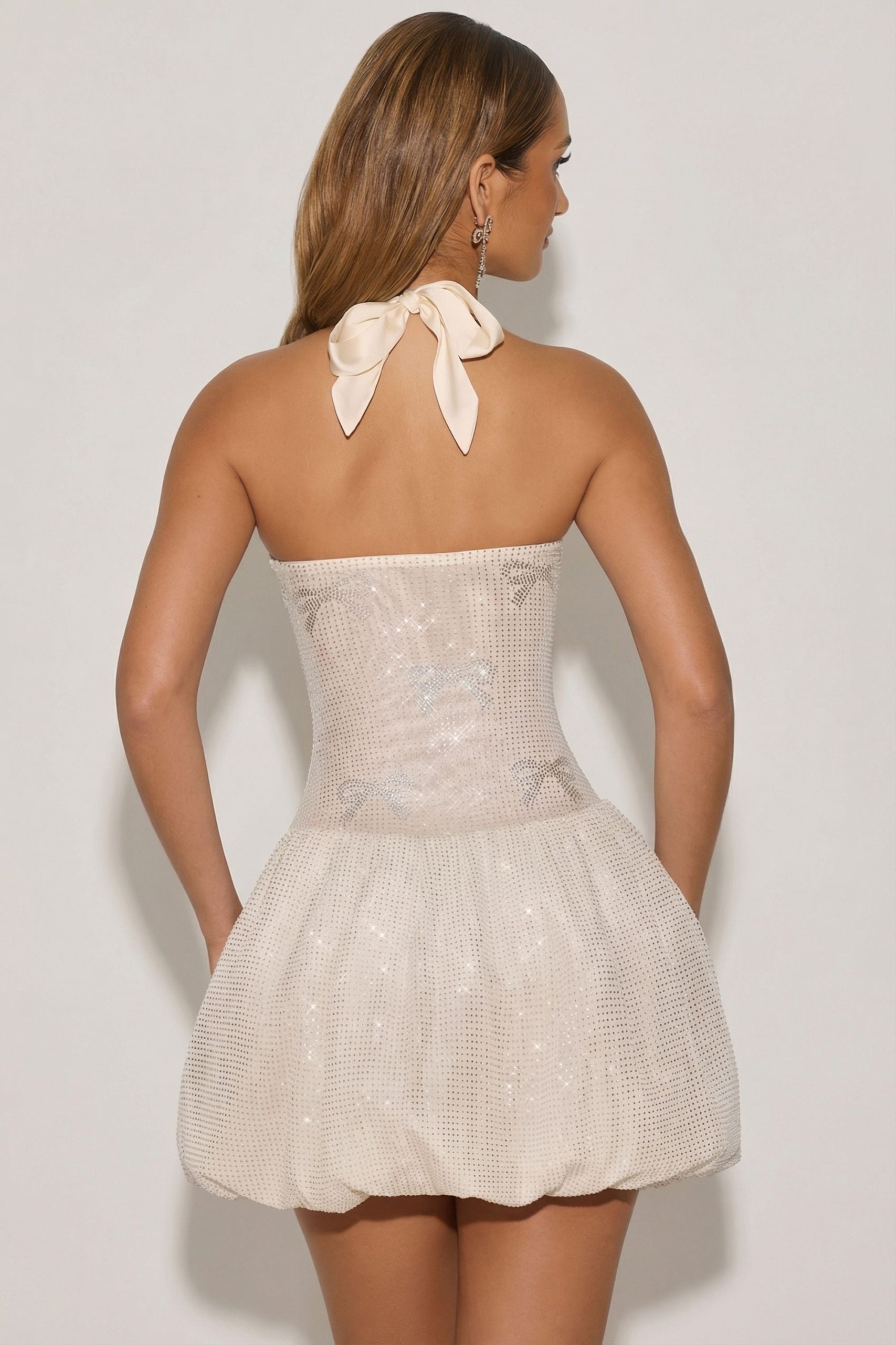 Embellished Halterneck Bubble Hem Mini Dress in Ivory - Image 8