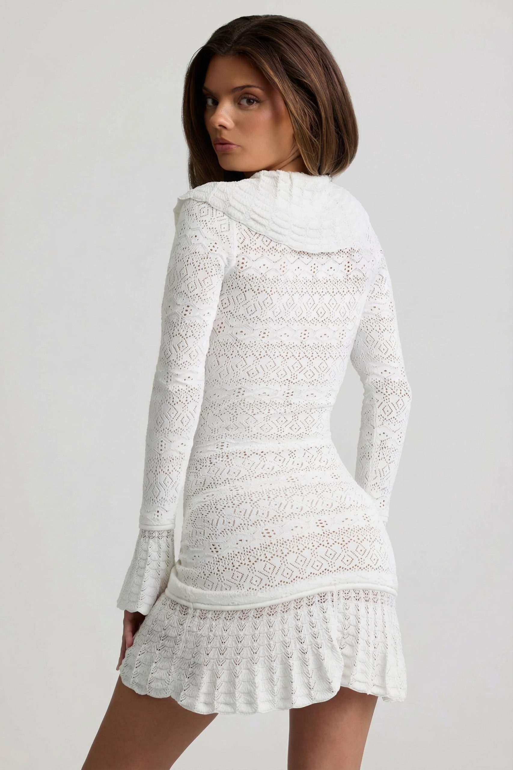 Ruffle-Trim Pointelle-Knit Mini Dress in White - Image 2