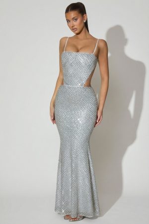 Embellished Cut-Out Gown in Silver