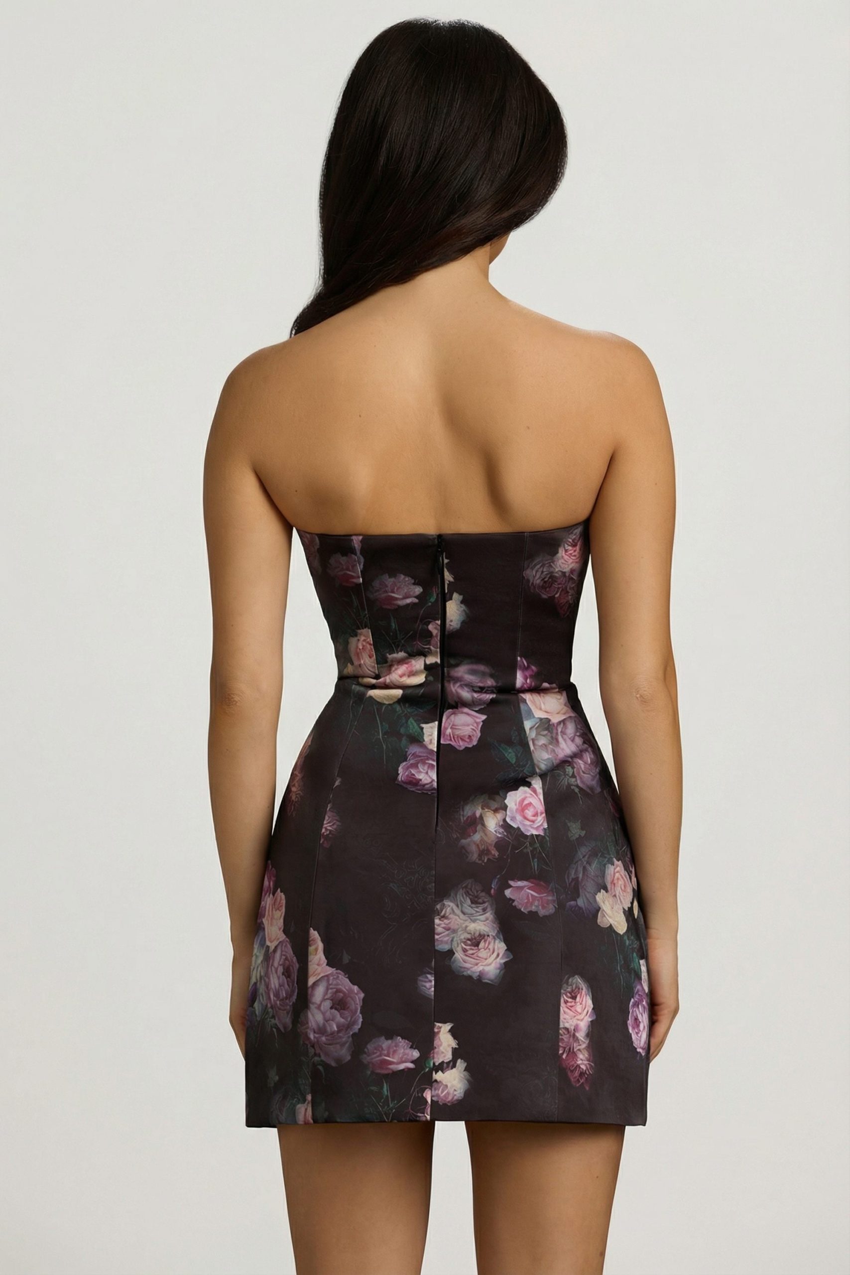 Strapless Structured Tulip Mini Dress in Black Floral Print - Image 10