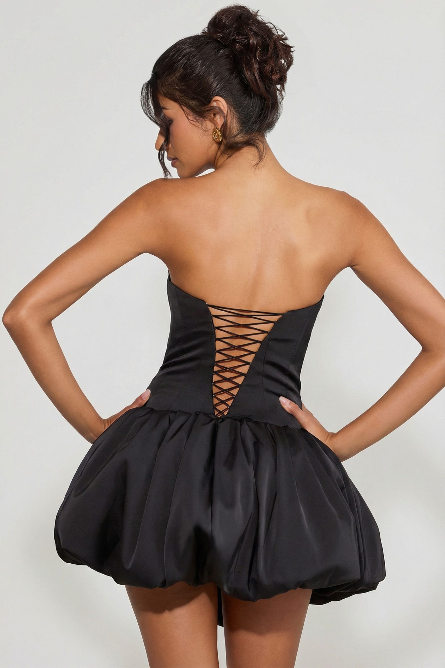 Lace-Up Bubble Hem Corset Micro Mini Dress in Black - Image 6