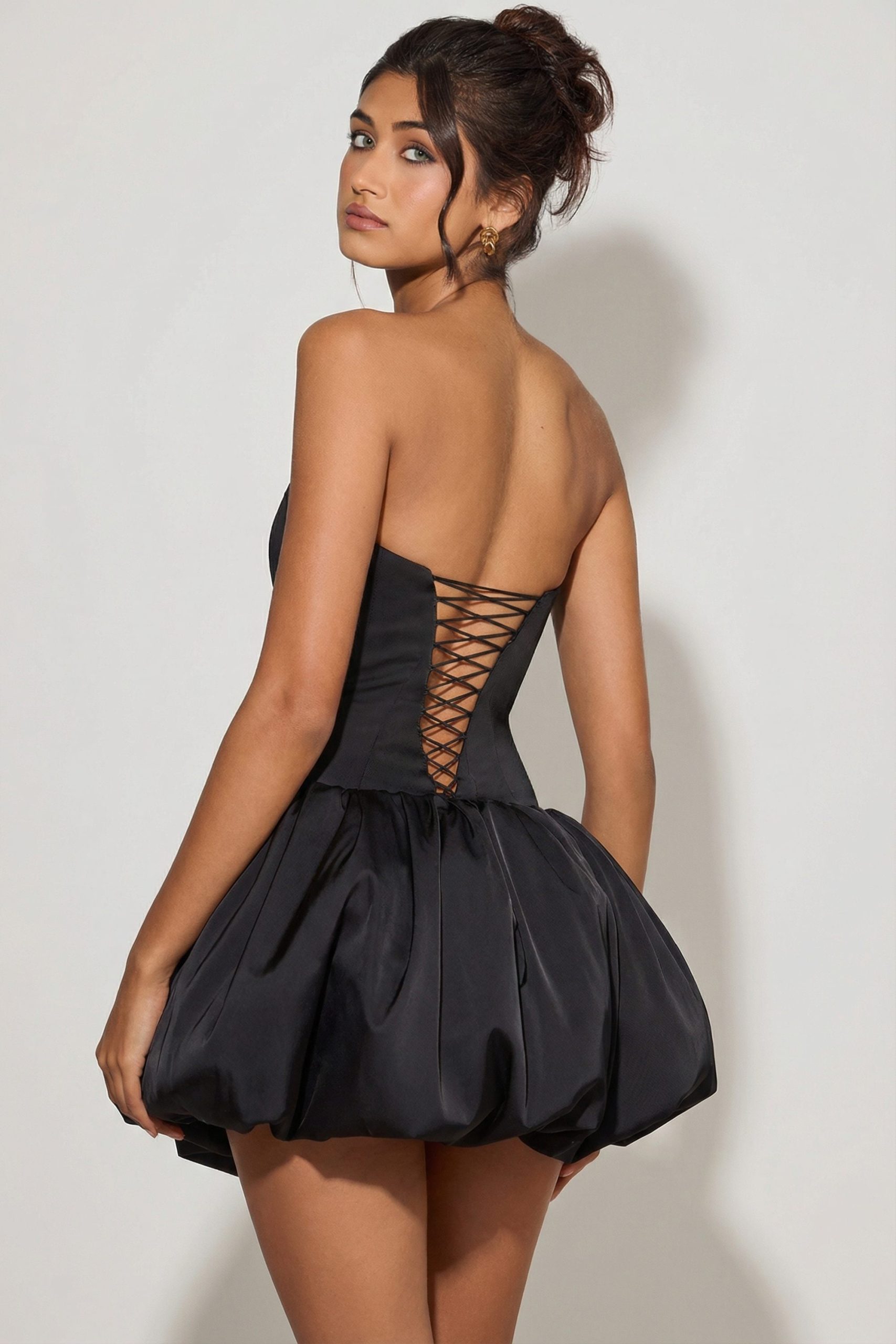 Lace-Up Bubble Hem Corset Micro Mini Dress in Black - Image 2