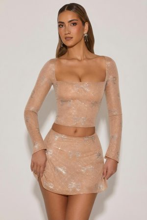Embellished Bow-Detail Top in Almond