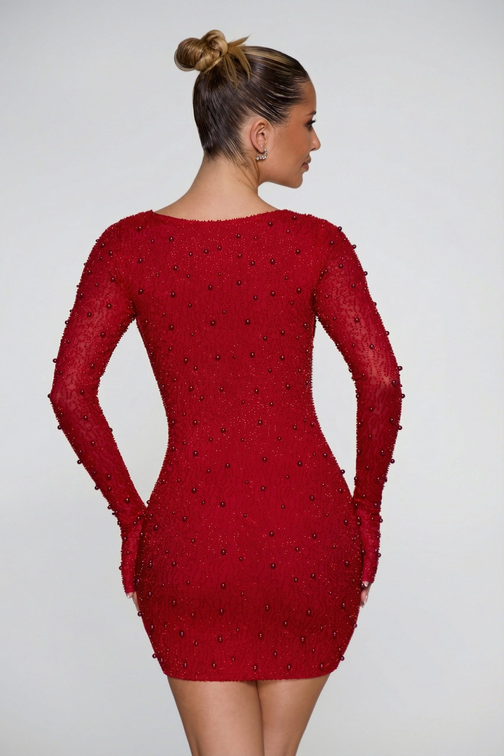 Long Sleeve Deep Plunge Mini Dress in Red - Image 2