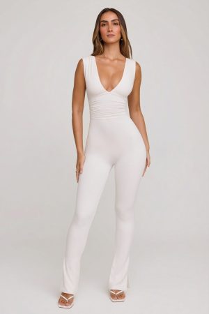 Plunge Neck Ruched Waist Jumpsuit in White