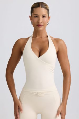Halterneck Open-Back Tank Top in Ivory Marl